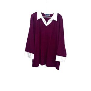 Karen Scott Plus Size 3X Plum Purple & White Collar Cotton Top